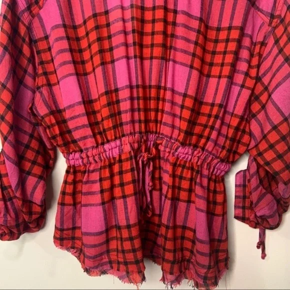 New We The Free People Red Plaid Combo Boho Gathered Peplum Top NWT - Picture 12 of 16